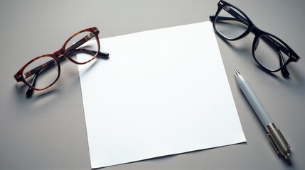 A blank sheet of paper is centered between two pairs of eyeglasses and a pen on a sleek gray surface, creating a minimalist workspace scene