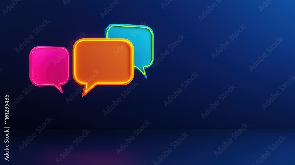 Poster colorful neon speech bubbles on a dark background representing communication and dialogue in a moder