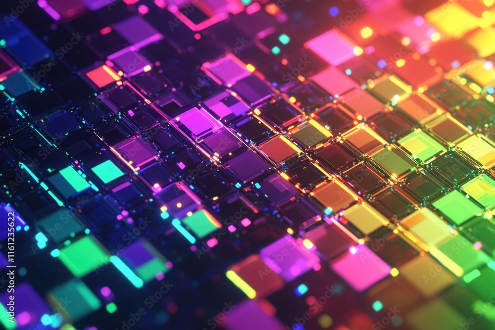 Poster A colorful background featuring geometric shapes with squares and dots