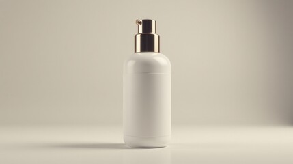 A sleek white bottle with a glossy finish and golden cap stands on a minimalistic surface against a soft grey background