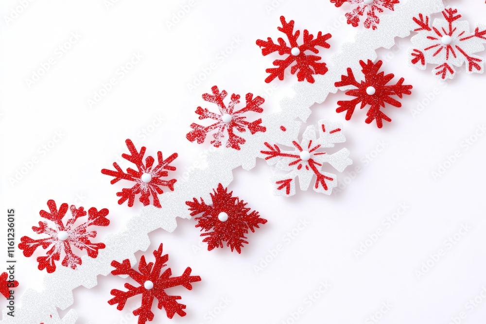 Poster Unique snowflakes with red and white patterns on a clean white background