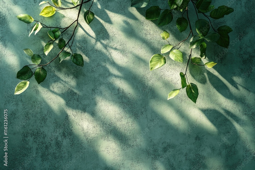Poster a section of green wall with a single branch from a plant attached to it