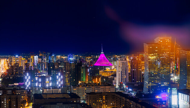 Nur-Sultan, Kazakhstan - July 29, 2024: Khan Shater and panorama city Astana aerial top view