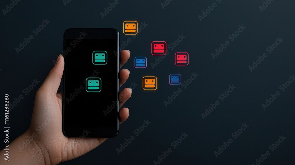 Poster hand holding smartphone with colorful robot icons floating above, representing technology, communica