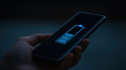 Close-up of Hand Holding Smartphone with Low Battery Icon Illuminated in Dark Background, Symbolizing Need for Charge and Connectivity in Modern Life