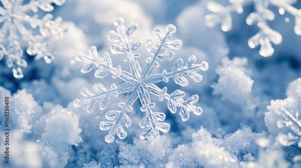 Poster a detailed shot of a single snowflake on snowy surface