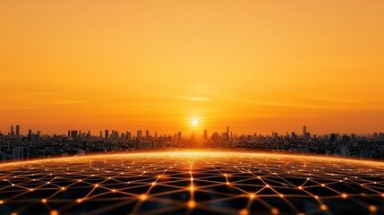 Stunning sunset over a city skyline, showcasing a vibrant orange sky and a network of lights across the horizon.