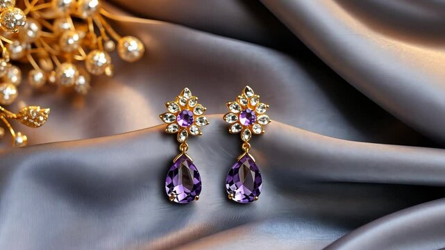 Purple gemstone earrings glimmer on silk, highlighting exquisite craftsmanship and a stunning design for any occasion