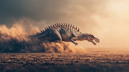 A dinosaur running through a dusty landscape, evoking a prehistoric atmosphere.