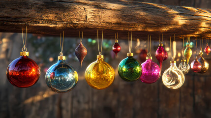 Colorful glass ornaments of various shapes and sizes hang delicately from a rustic wooden beam, reflecting warm light and casting a cozy winter ambiance. Suncatcher. Illustration