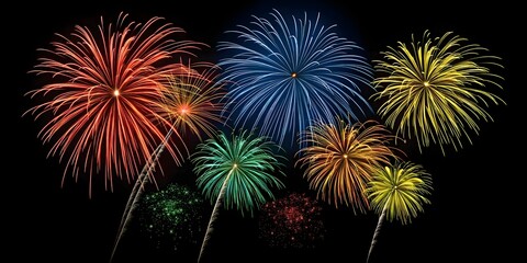 Happy New Year 2025 Silvester Eve party panorama with fireworks against a dark blue and black sky background