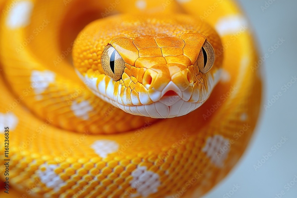 Poster a close-up of a yellow snake's head, great for highlighting textures and patterns