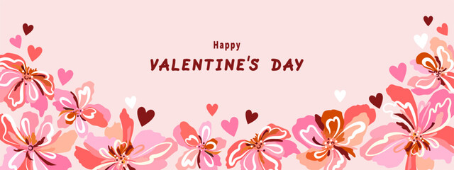 Romantic Happy Valentine's Day banner, exotic abstract flowers, hearts. Greeting vector illustration, love card, valentine, message on social networks, marketing, advertising, discounts