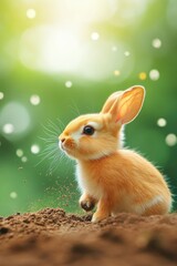 Fototapeta premium A cute, fluffy rabbit sits on the ground, surrounded by a soft, blurred green background.