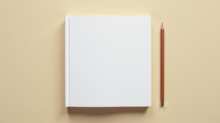Minimalist composition with a blank white notebook and pencil on a light beige background