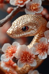 Obraz premium A close-up view of a snake coiled around a branch covered in flowers
