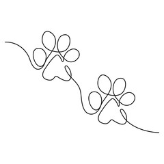 Dog foot print continuous one line drawing with animal paw icon outline vector