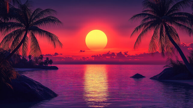 Panoramic view of a tropical sunset with palm tree silhouettes on the horizon