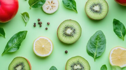 Fototapeta premium A bowl filled with sliced kiwis, apples, lemons, and spinach for a healthy fruit salad