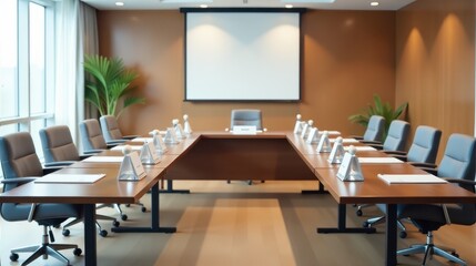 Modern conference room with long wooden table, swivel chairs, microphones, and a large projection screen, ideal for meetings and presentations