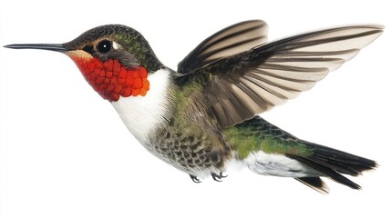 Fototapeta premium A hummingbird in flight, showcasing vibrant colors and intricate feather details.