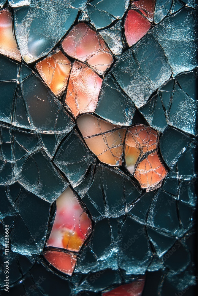 Aufkleber a close-up shot of a shattered glass plate with sharp edges and fragments