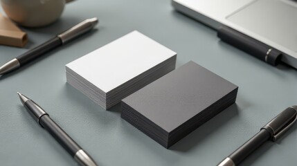 Elegant gray and white business cards stacked on a desk surrounded by pens and a laptop, highlighting professional networking essentials
