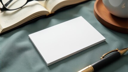 Blank business cards rest on a textured surface beside an elegant fountain pen and a spiral notebook