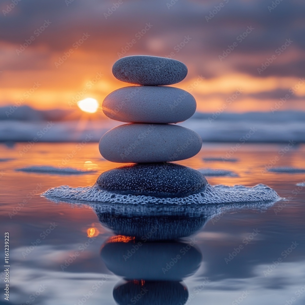 Poster a stack of rocks sitting on the surface of a calm body of water, providing a serene and peaceful atm