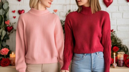 Fototapeta premium LBGT Couple in Valentine's day. Two women in cozy sweaters surrounded by flowers and hearts.