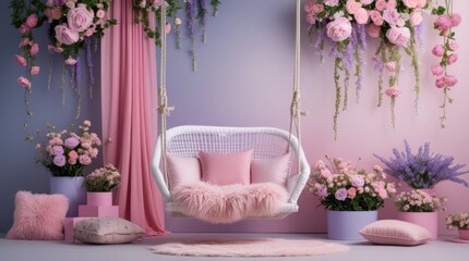 A dreamy and romantic floral-themed setup with pastel pink and lavender tones. The background features a soft gradient wall adorned with cascading flowers and greenery. On the left, a flowing pink...