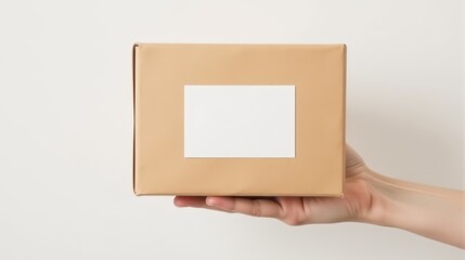 Fototapeta premium A hand holding a brown cardboard box with a blank white label, against a plain background