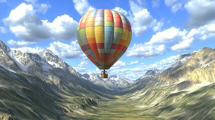Naklejka premium A vibrant hot air balloon soaring over a scenic mountain valley under a blue sky.