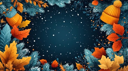 Winter holiday background with autumn leaves, hats, and snowflakes.