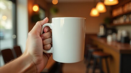 A hand holds a white mug against a blurred coffee shop background with warm lighting and wooden decor
