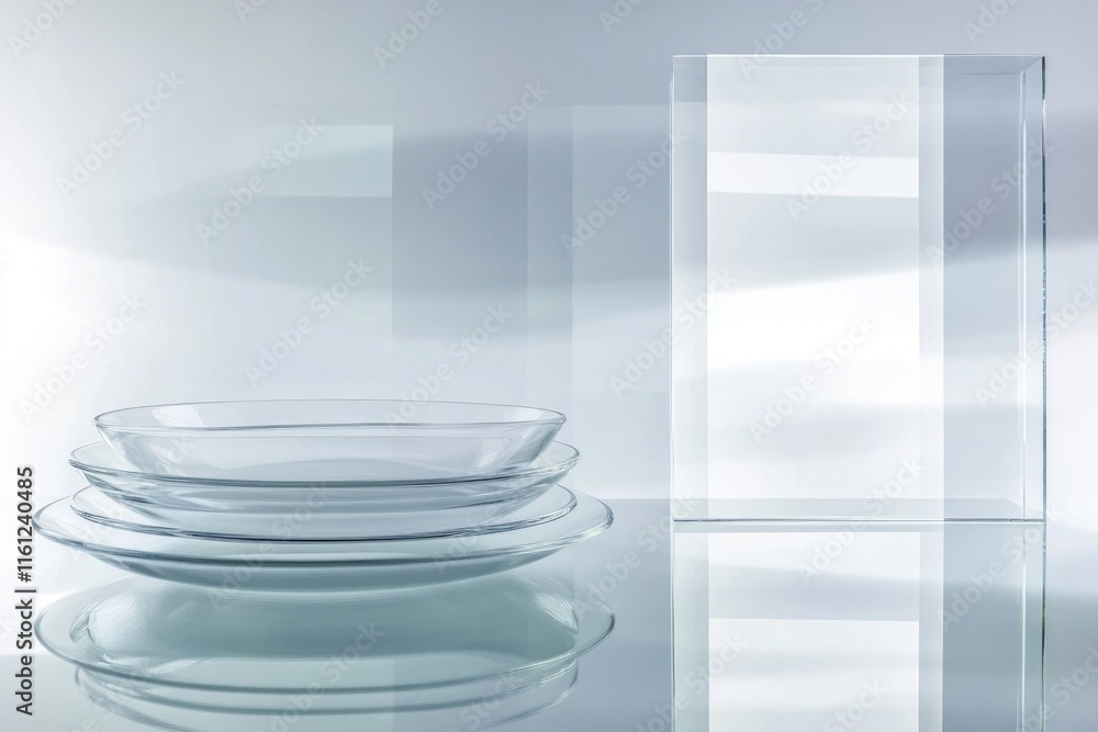 Poster A stack of glass plates sits on a table, ready for use or display