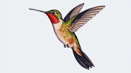 Fototapeta premium Wildlife Art: Stunning Red-Throated Hummingbird in Mid-Air on White Background ai generated