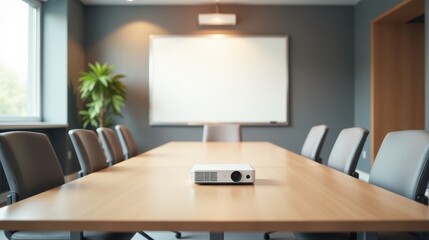 A sleek conference room with a projector on a wooden table, surrounded by black chairs and a blank presentation screen