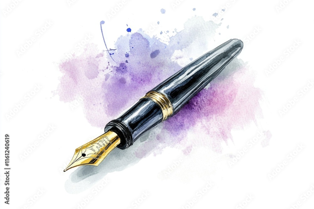 Poster a close-up of a fountain pen with ink splatters on a white background