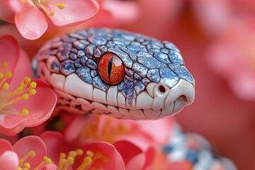 A close-up shot of a snake's eye resting on a flower, great for nature and wildlife photography projects