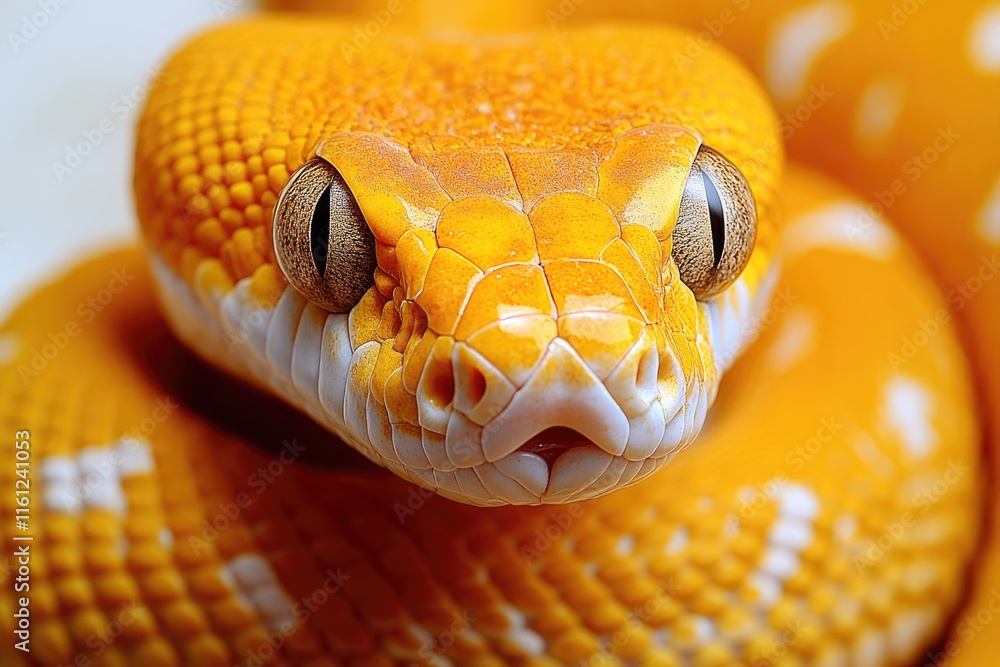 Poster close-up view of a yellow snake's head with its eyes and mouth visible