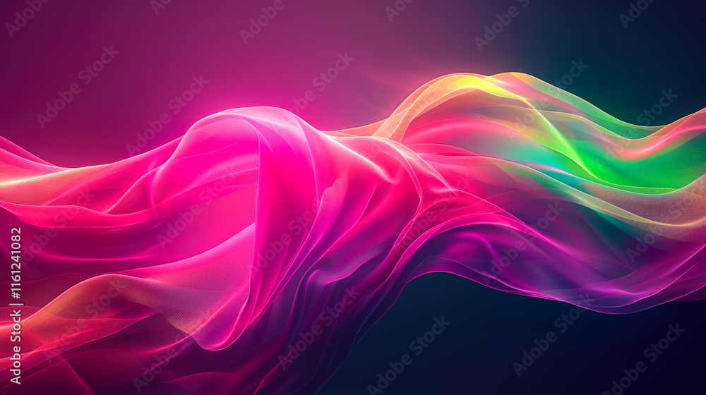 Poster colorful flowing fabric creates an abstract wave-like texture with vibrant hues in a dark background