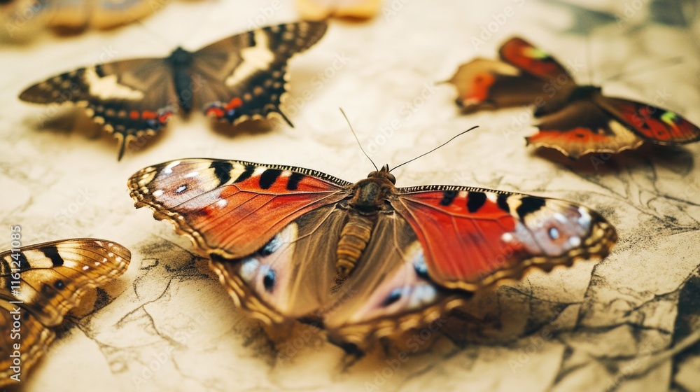 Poster a group of colorful butterflies perched on a flat surface, ideal for use in illustrations and design