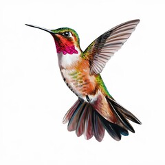 Fototapeta premium Wildlife Art: Stunning Red-Throated Hummingbird in Mid-Air on White Background ai generated