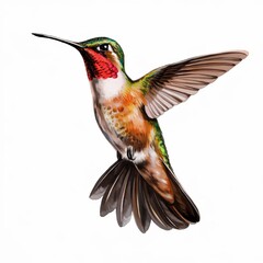 Fototapeta premium Wildlife Art: Stunning Red-Throated Hummingbird in Mid-Air on White Background ai generated
