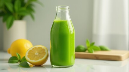 Fototapeta premium A fresh green juice bottle sits on a marble countertop with basil leaves, blending refreshing vibes with health and wellness