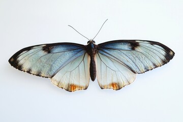 A blue and black butterfly perched on a white surface, with delicate wings spread open