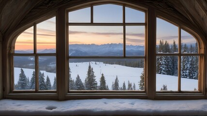 "An ornate window overlooking a snowy landscape."

