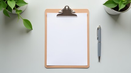 A minimalist desk setup featuring a clipboard with blank paper, pens, sticky notes, and green plants on a light background