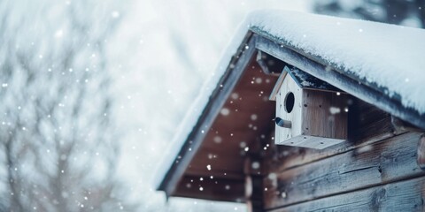 Naklejka premium A Beautiful Snowy Birdhouse Nestled in a Winter Wonderland Full of Charm and Peacefulness
